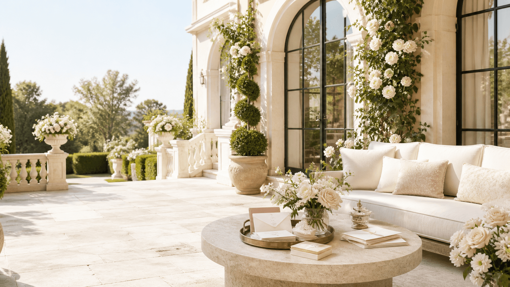Elegant sunlit Mediterranean garden terrace with cream seating, white roses, stationery details, and warm luxury courtyard styling.